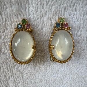 Vintage Mid-Century Moonstone & Rhinestone Clip-On Earrings